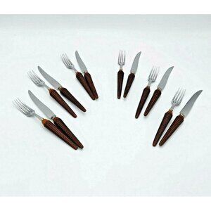 Sheffield SS Cutlery-Faux Stag Bakelite Handles-Set of 6 Knives & Forks-Vintage
